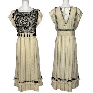 Anthropologie Maeve Anaya Embroidered Dress 16 Ivory Black Tassels Midi Bohemian